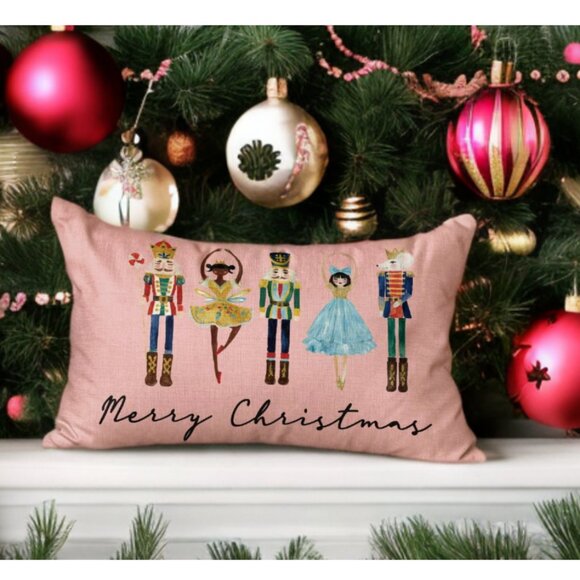 Nutcracker Christmas Pillow Cover Decorative Pink Case Accent Xmas Holiday Decor - Picture 1 of 5